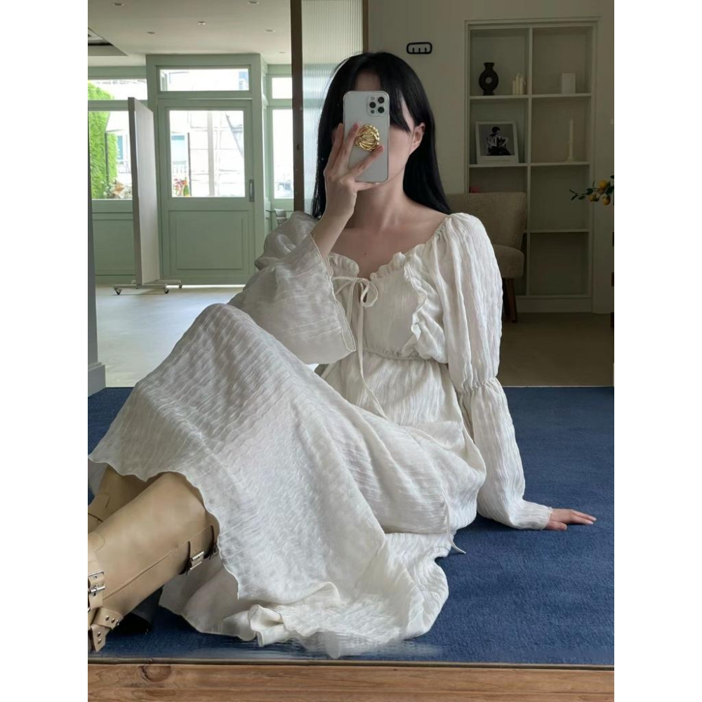 AK韓國連線 仙氣法式浪漫長洋裝 長袖洋裝 女生洋裝 約會穿搭-細節圖4