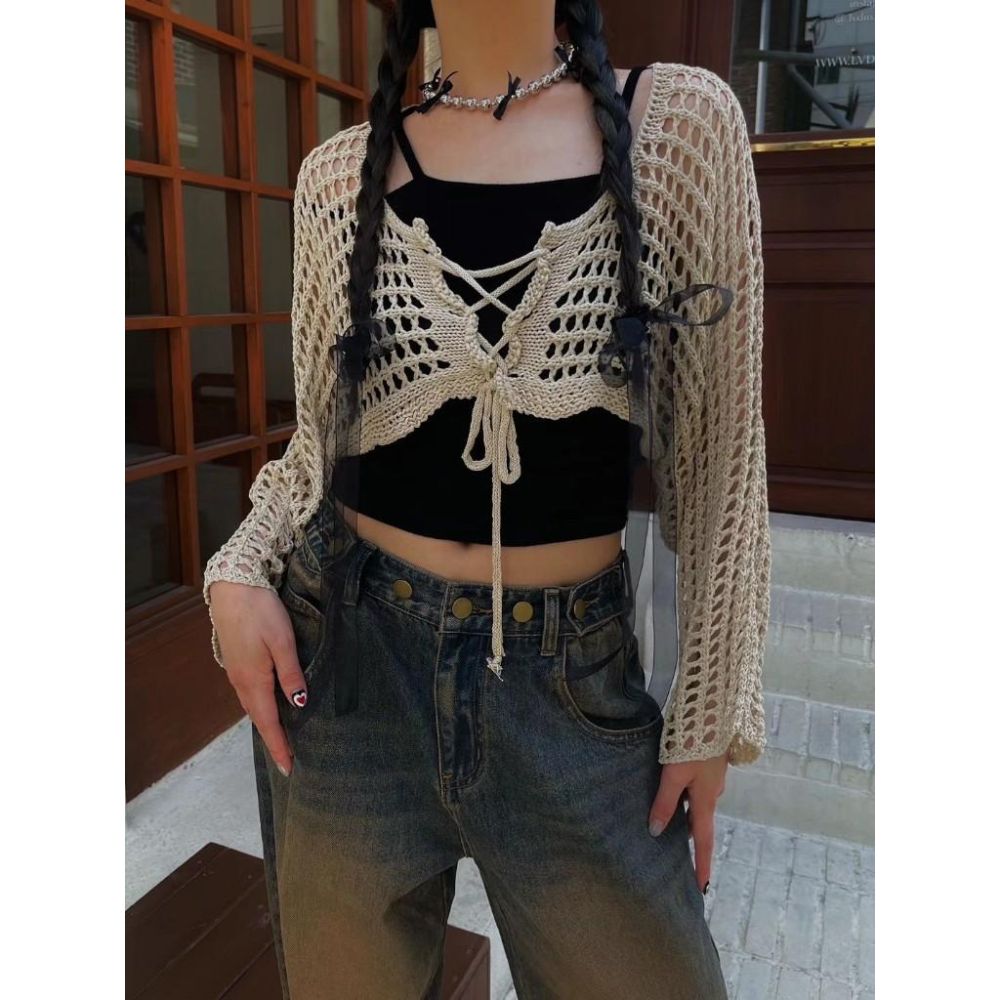 AK韓國連線 針織衫 罩衫 短版罩衫 針織上衣 縷空 罩衫 (2colors)-細節圖4