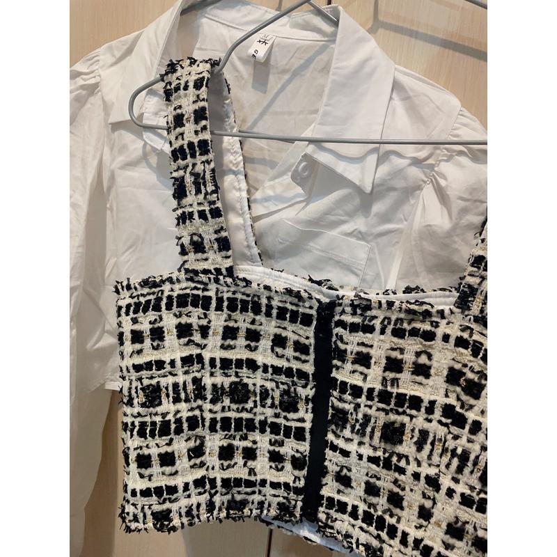 Ashley 實拍 短版 小香風上衣粗花毛尼金蔥背心-細節圖9