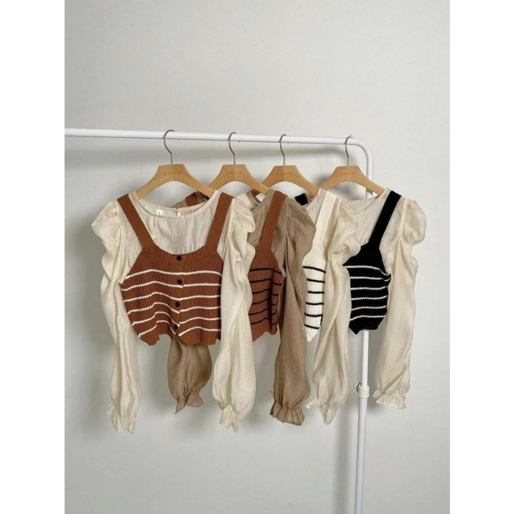 AK韓國連線 假兩件透膚針織上衣 條紋上衣 長袖上衣 現貨-細節圖2