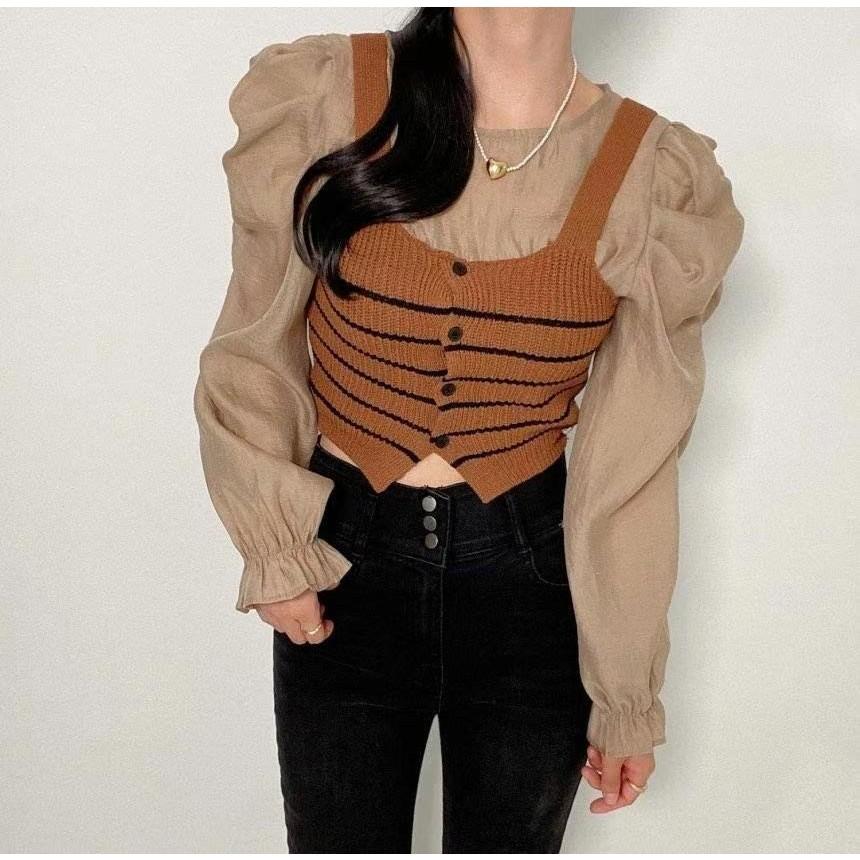 AK韓國連線 假兩件透膚針織上衣 條紋上衣 長袖上衣 現貨-細節圖4