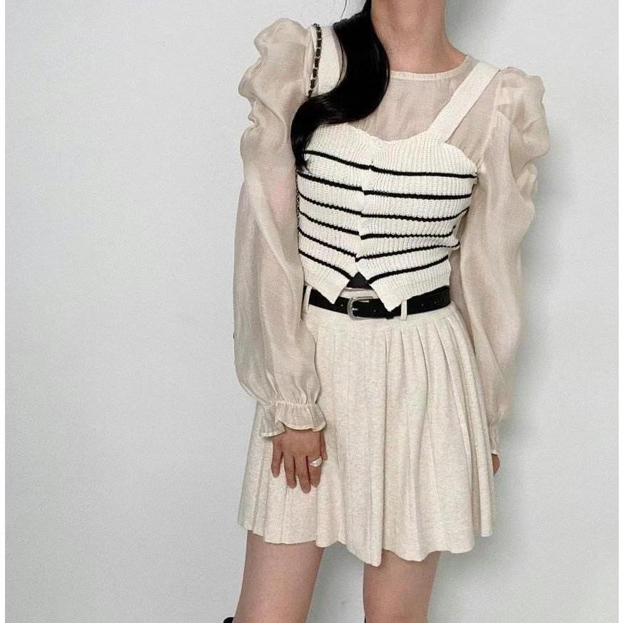 AK韓國連線 假兩件透膚針織上衣 條紋上衣 長袖上衣 現貨-細節圖5