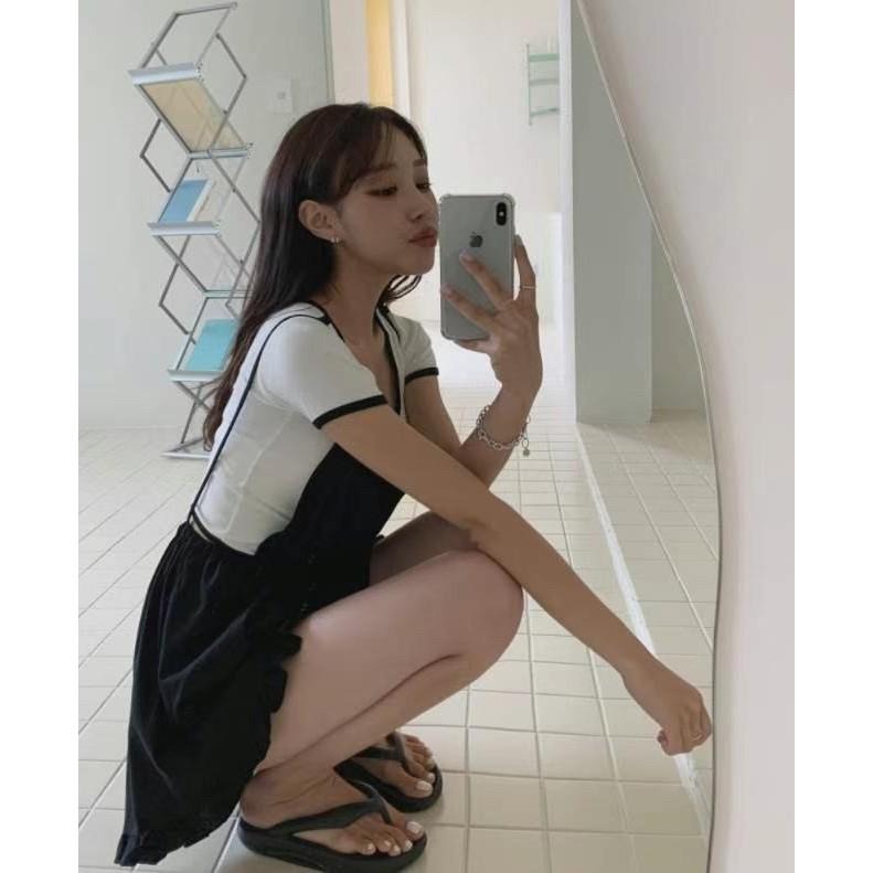 AK韓國連線  邊條撞色短版合身上衣 短袖t恤 t恤 棉t 圓領t-細節圖3