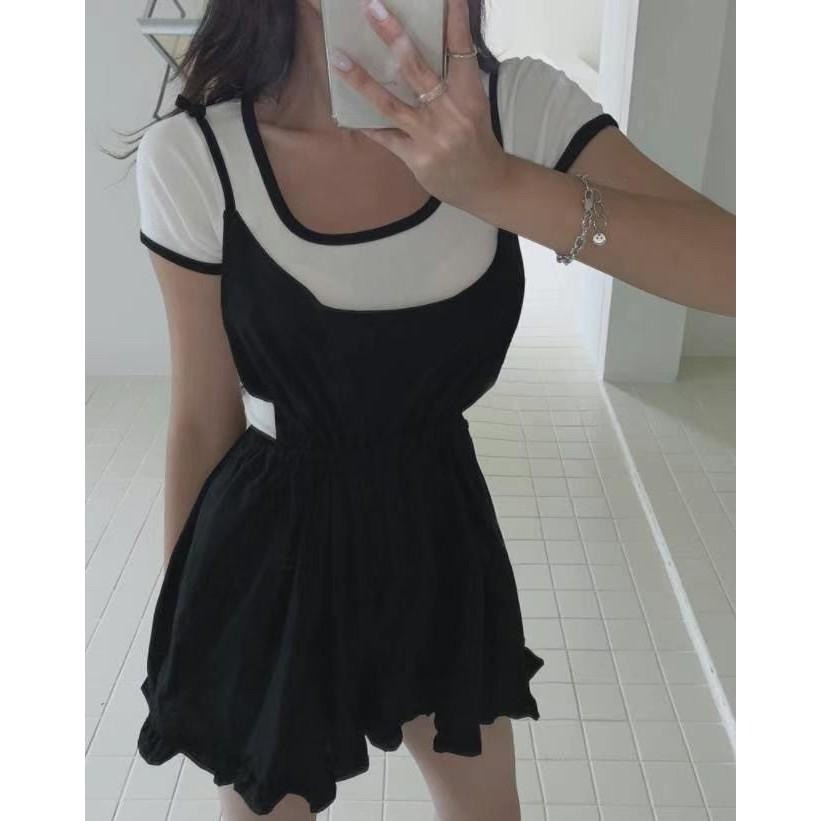 AK韓國連線  邊條撞色短版合身上衣 短袖t恤 t恤 棉t 圓領t-細節圖4