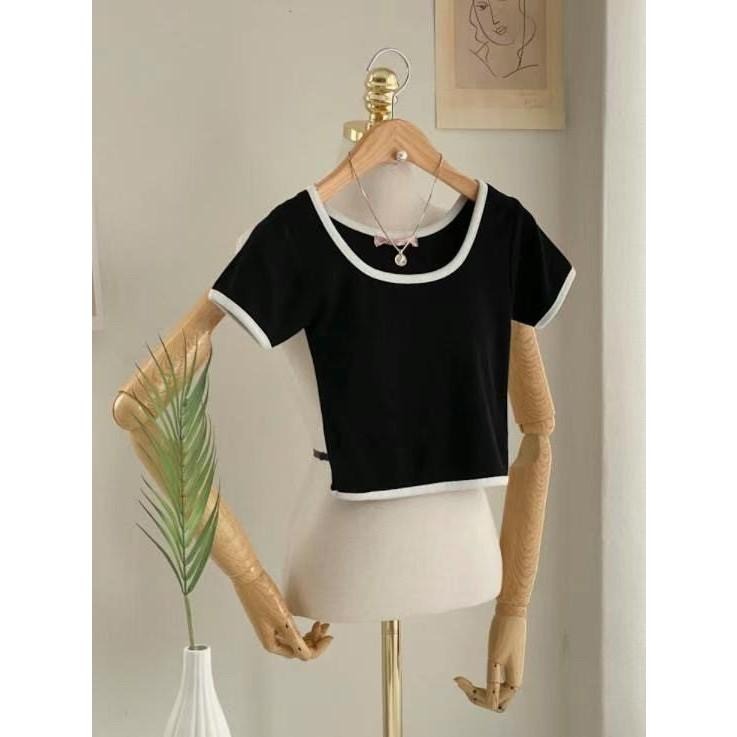AK韓國連線  邊條撞色短版合身上衣 短袖t恤 t恤 棉t 圓領t-細節圖8