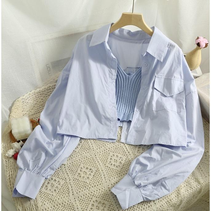 Ashley．翻領襯衫+針織吊帶背心SET 2件式 寶寶藍 針織背心 V領背心 襯衫 上衣-細節圖2