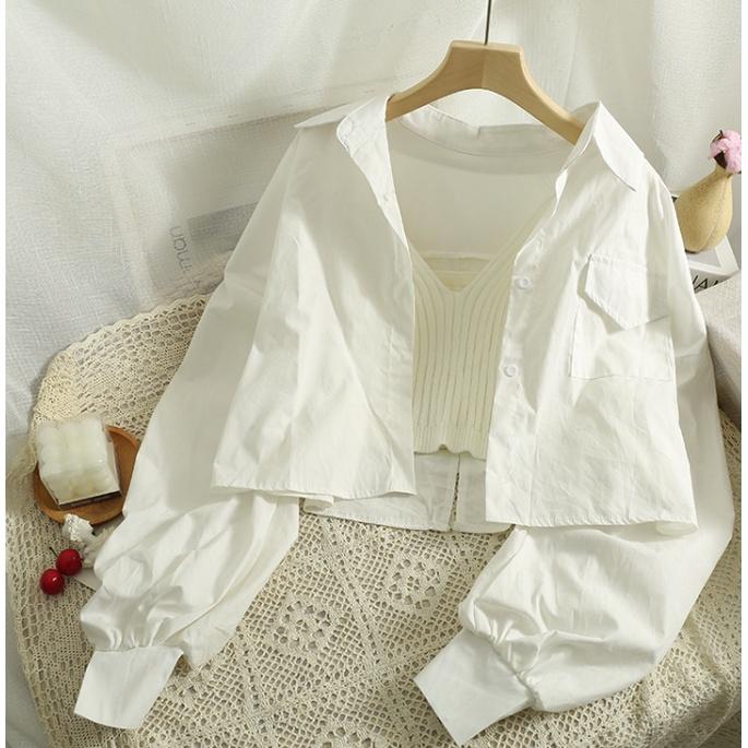 Ashley．翻領襯衫+針織吊帶背心SET 2件式 寶寶藍 針織背心 V領背心 襯衫 上衣-細節圖7