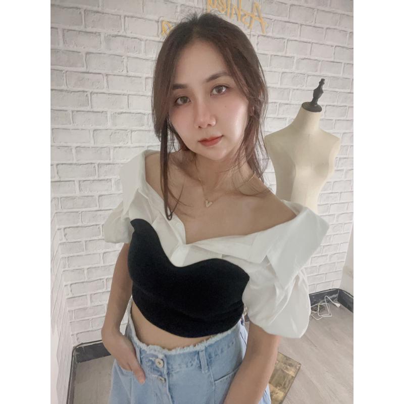 Ashley 正韓實拍 翻領襯衫拼接針織馬甲上衣 造型短版上衣-細節圖2