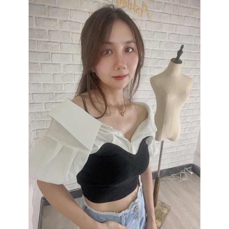 Ashley 正韓實拍 翻領襯衫拼接針織馬甲上衣 造型短版上衣-細節圖6