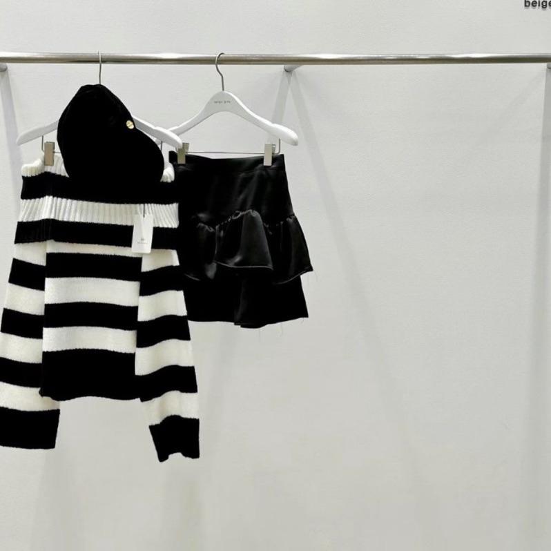 Ashley 正韓 翻領 條紋 針織上衣 長袖上衣 露肩上衣 女生上衣 現貨-細節圖5