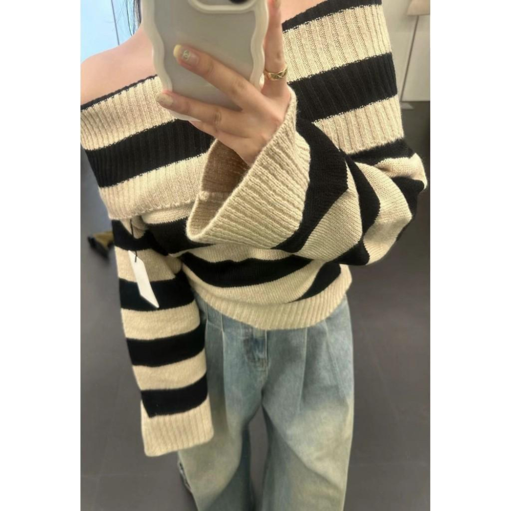 Ashley 正韓 翻領 條紋 針織上衣 長袖上衣 露肩上衣 女生上衣 現貨-細節圖6