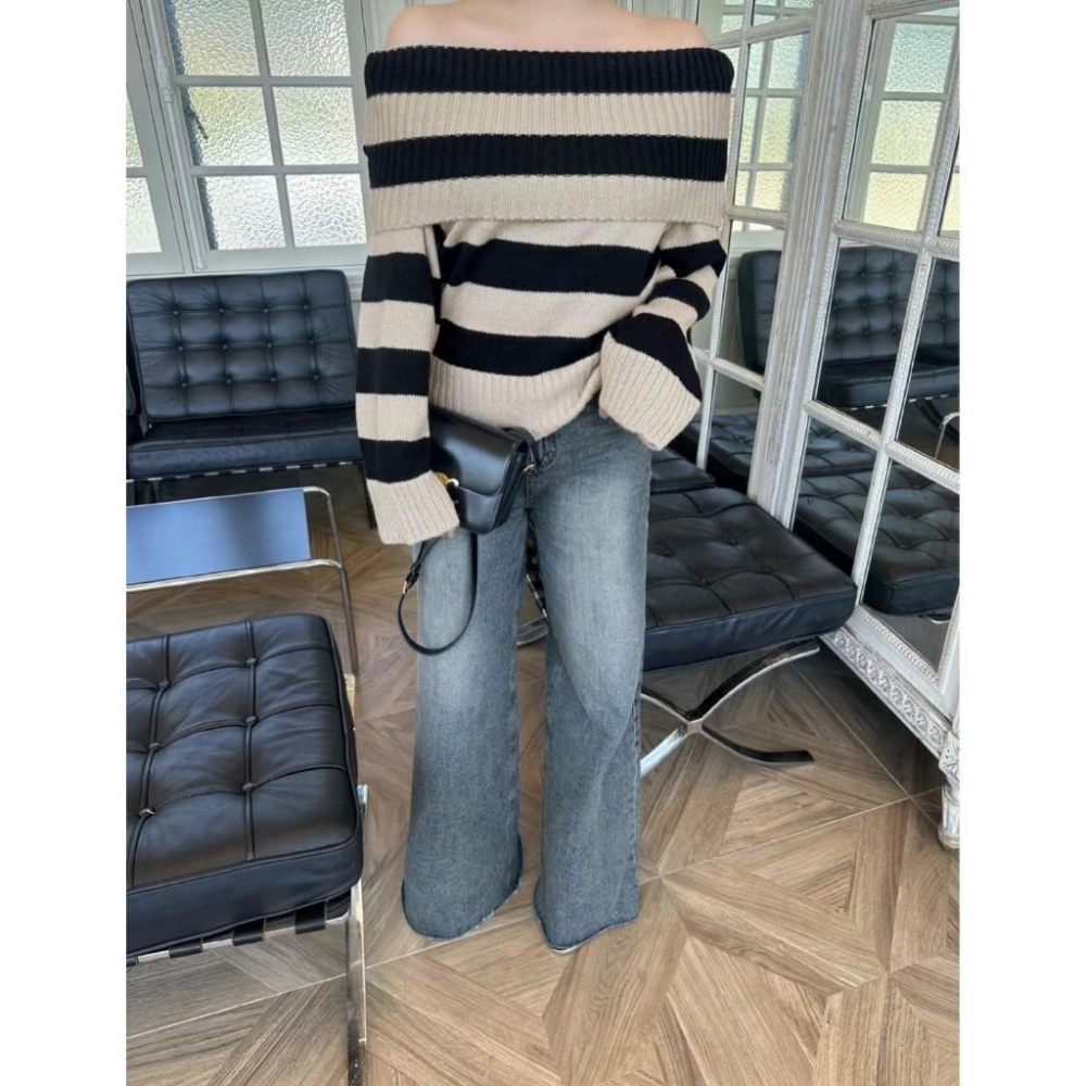 Ashley 正韓 翻領 條紋 針織上衣 長袖上衣 露肩上衣 女生上衣 現貨-細節圖7