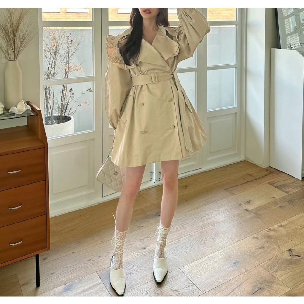 Ashley 正韓 法式荷葉翻領洋裝  外套 風衣-細節圖4