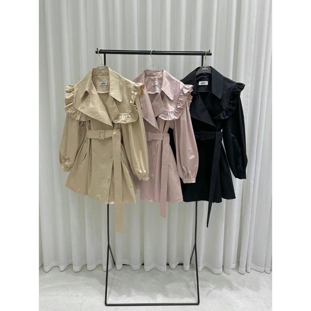 Ashley 正韓 法式荷葉翻領洋裝  外套 風衣-細節圖8