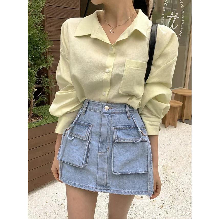 Ak正韓 小姐姐 工裝 牛仔裙 短裙  工裝裙 可甜可鹽  杏色 S M-細節圖2