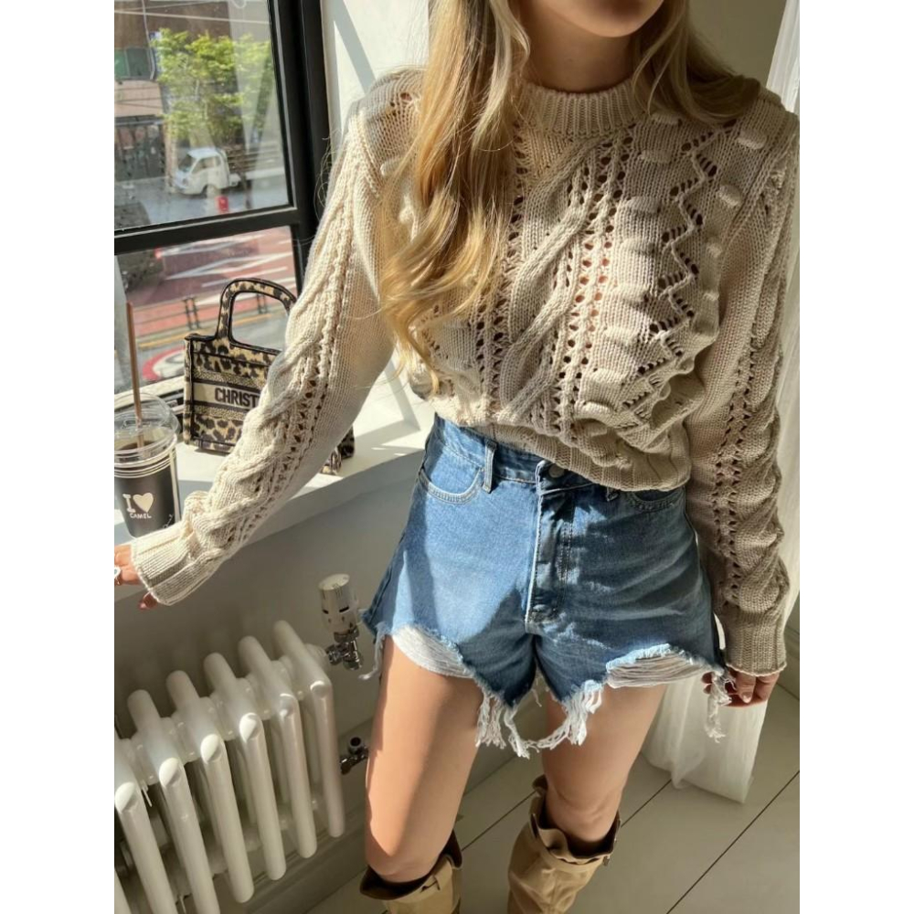 Ashley 韓國連線 短版針織上衣 麻花針織上衣 短版針織 長袖針織 Y2K (3colors)-細節圖2