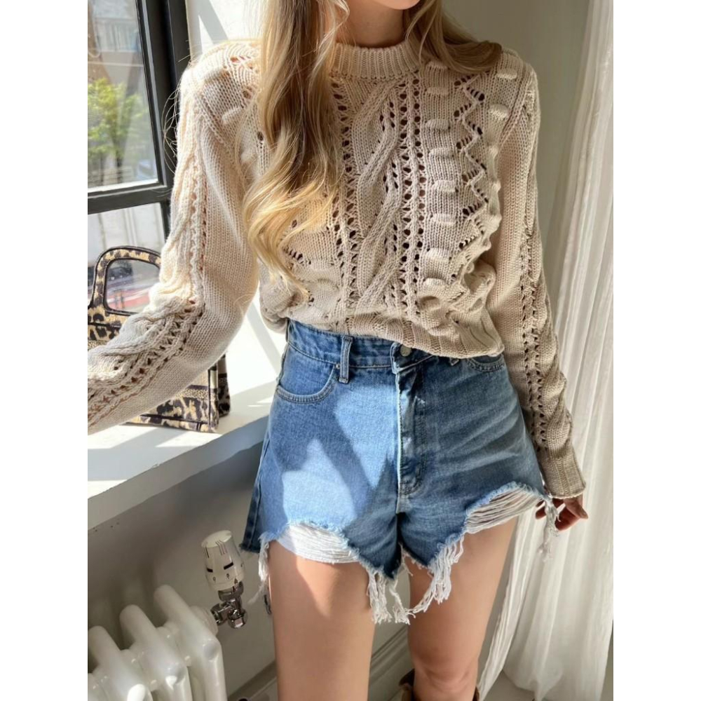 Ashley 韓國連線 短版針織上衣 麻花針織上衣 短版針織 長袖針織 Y2K (3colors)-細節圖6