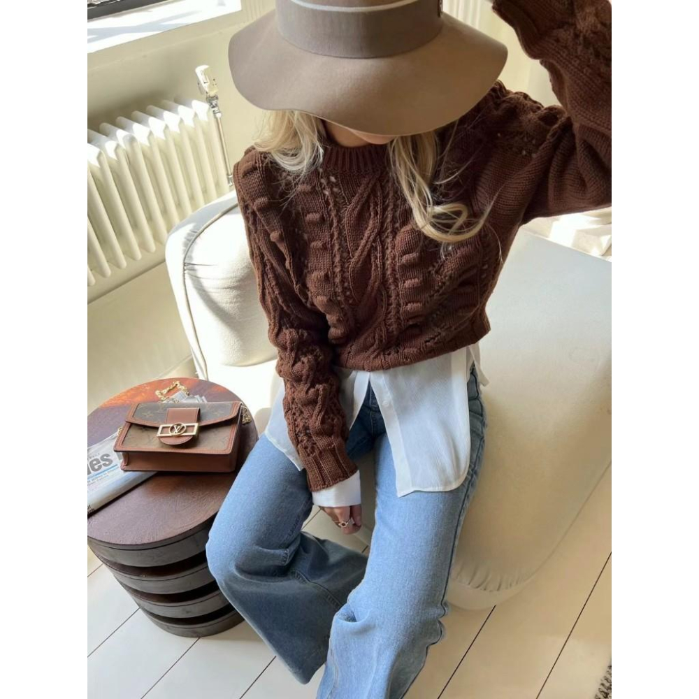 Ashley 韓國連線 短版針織上衣 麻花針織上衣 短版針織 長袖針織 Y2K (3colors)-細節圖8