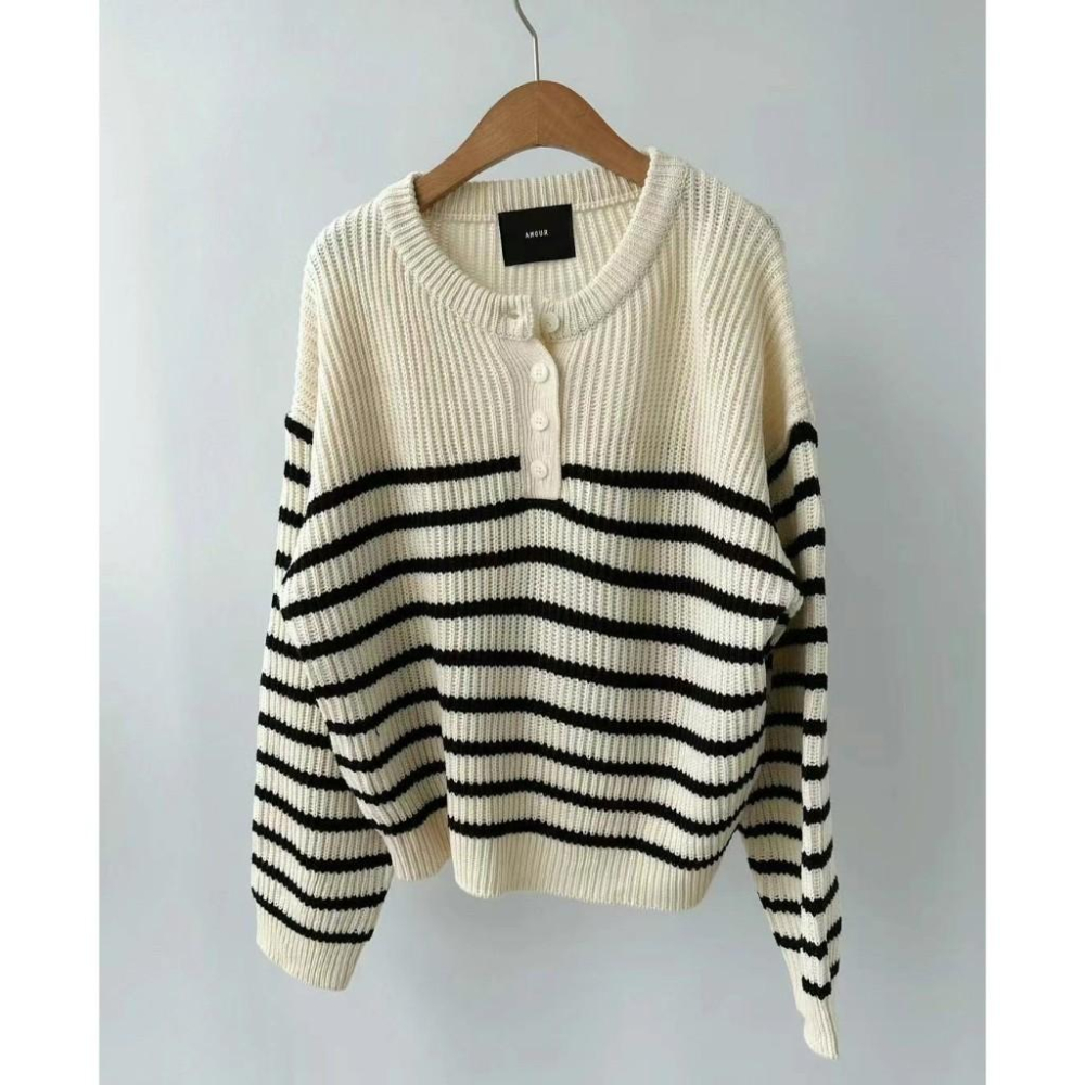 AK韓國連線 基本款 粗條紋針織上衣 條紋上衣 長袖上衣 女生上衣-細節圖2