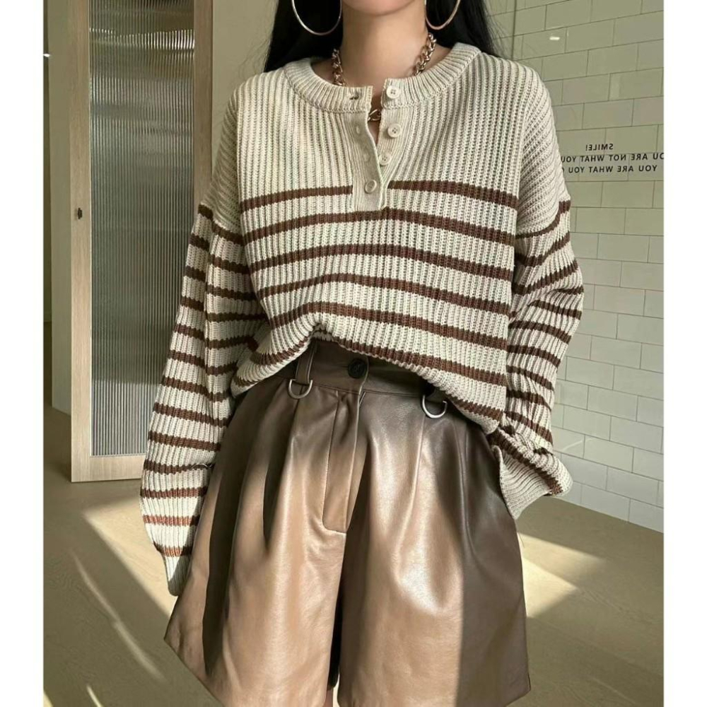 AK韓國連線 基本款 粗條紋針織上衣 條紋上衣 長袖上衣 女生上衣-細節圖3