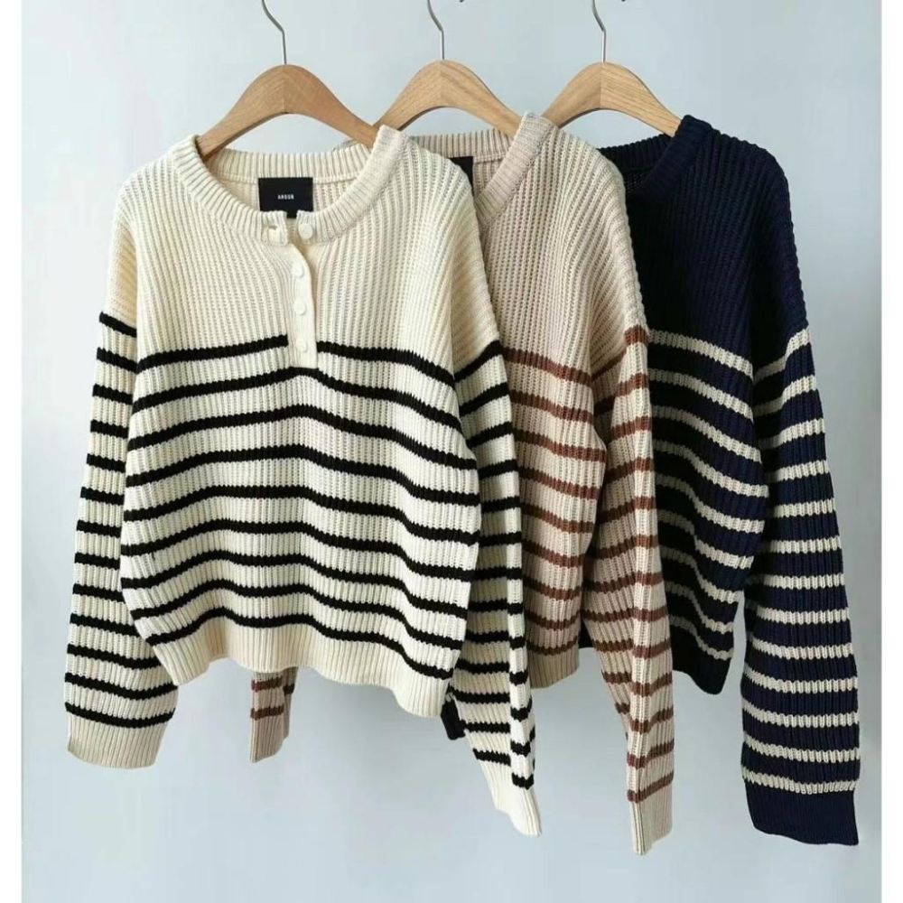 AK韓國連線 基本款 粗條紋針織上衣 條紋上衣 長袖上衣 女生上衣-細節圖5