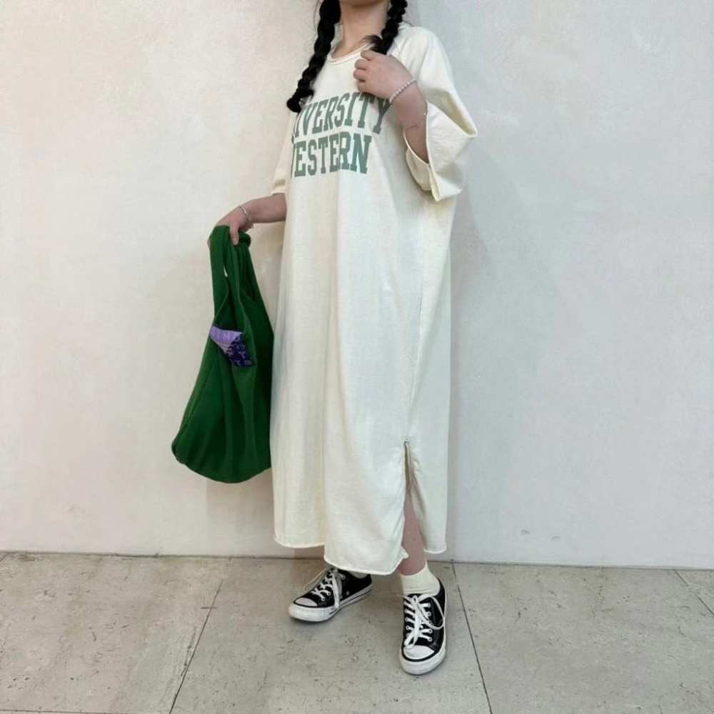 AK韓國連線 不修邊休閒長洋裝 休閒洋裝 字母洋 現貨 居家服 孕婦裝 落肩款-細節圖5