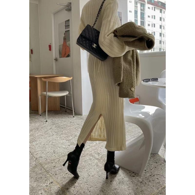 AK韓國連線 麻花v領針織長洋裝 長版針織洋 薄針織 綁帶針織洋裝 長洋裝-細節圖3