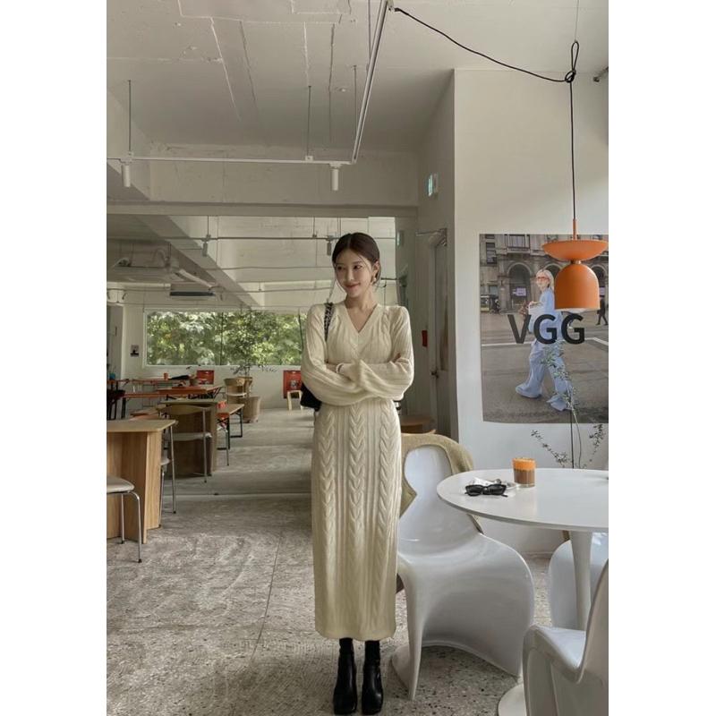 AK韓國連線 麻花v領針織長洋裝 長版針織洋 薄針織 綁帶針織洋裝 長洋裝-細節圖4