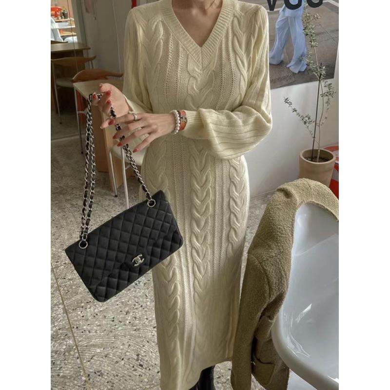 AK韓國連線 麻花v領針織長洋裝 長版針織洋 薄針織 綁帶針織洋裝 長洋裝-細節圖5