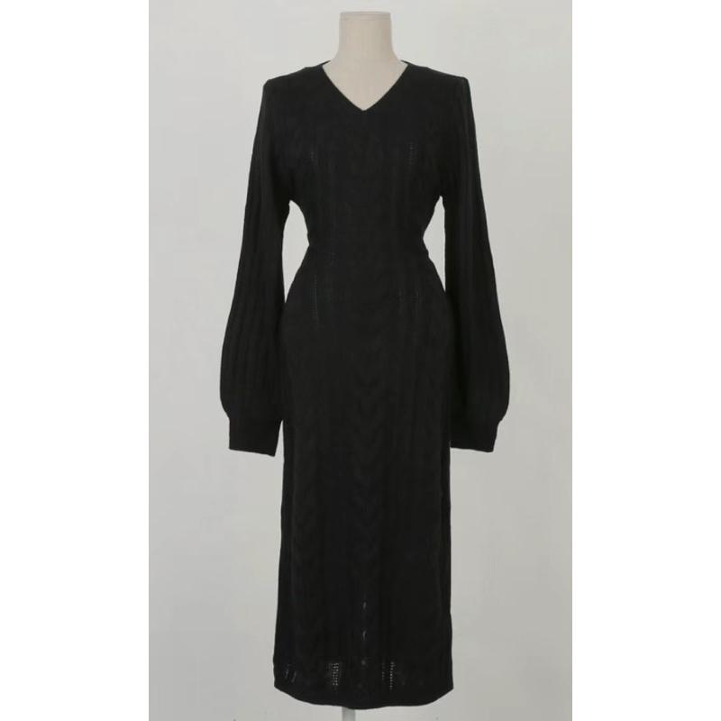 AK韓國連線 麻花v領針織長洋裝 長版針織洋 薄針織 綁帶針織洋裝 長洋裝-細節圖6