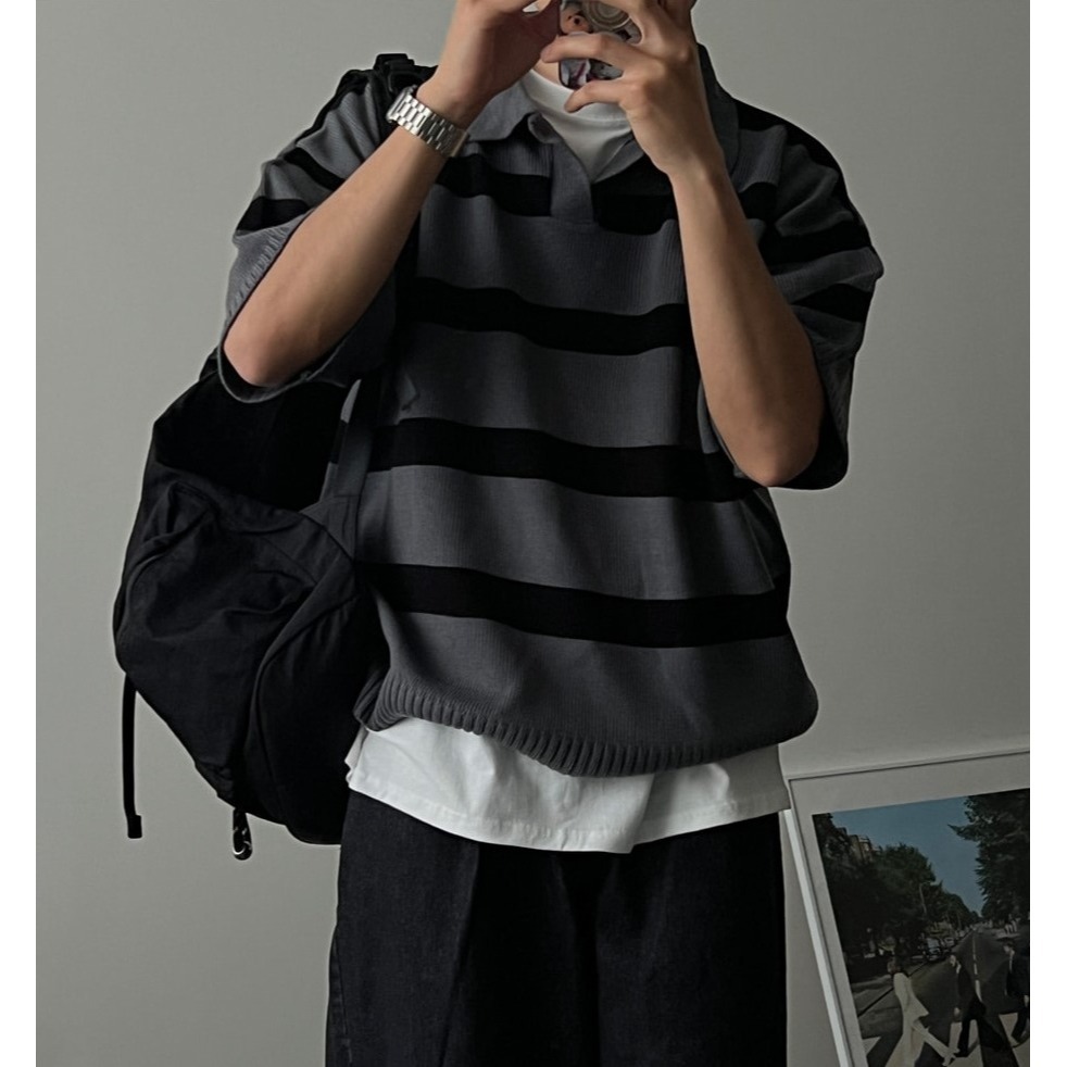 [是男裝喔~][預購 每周日中午 12:00收單] 2024 正韓 zavino 春夏男裝  垂肩五分袖條紋針織上衣-細節圖2