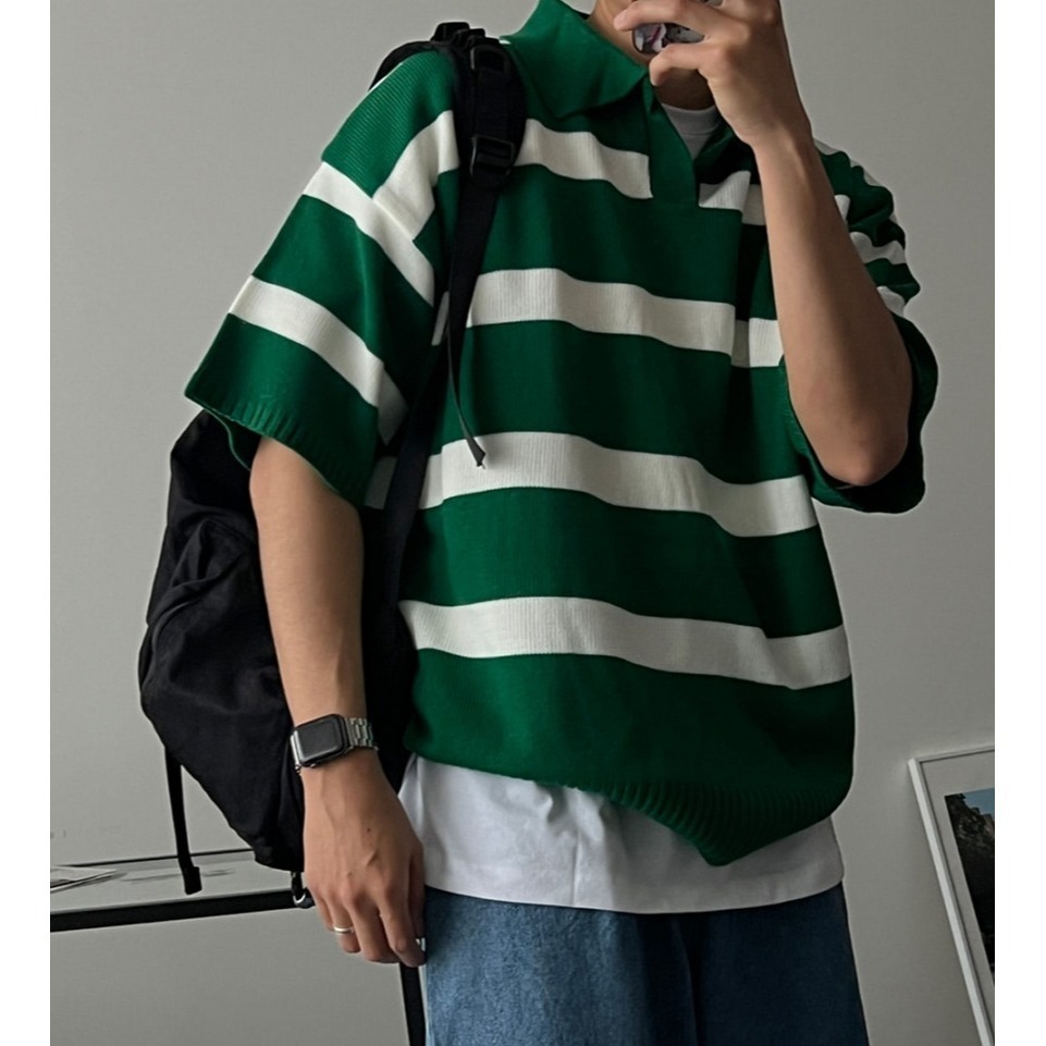 [是男裝喔~][預購 每周日中午 12:00收單] 2024 正韓 zavino 春夏男裝  垂肩五分袖條紋針織上衣-細節圖3