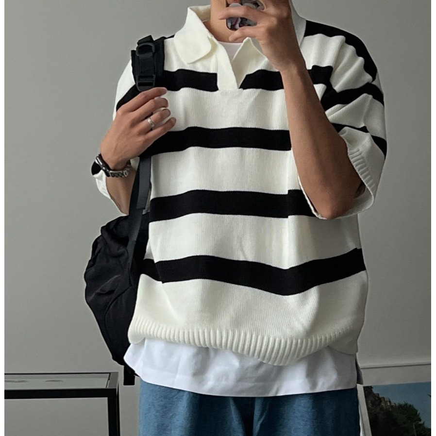 [是男裝喔~][預購 每周日中午 12:00收單] 2024 正韓 zavino 春夏男裝  垂肩五分袖條紋針織上衣-細節圖5