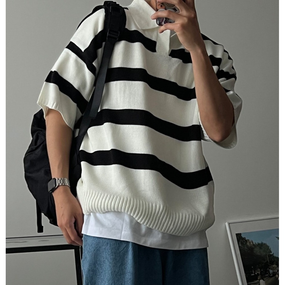 [是男裝喔~][預購 每周日中午 12:00收單] 2024 正韓 zavino 春夏男裝  垂肩五分袖條紋針織上衣-細節圖6