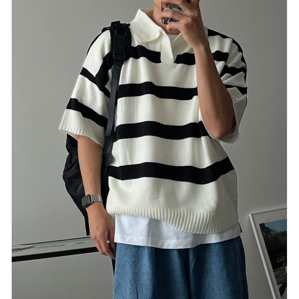 [是男裝喔~][預購 每周日中午 12:00收單] 2024 正韓 zavino 春夏男裝  垂肩五分袖條紋針織上衣-細節圖7