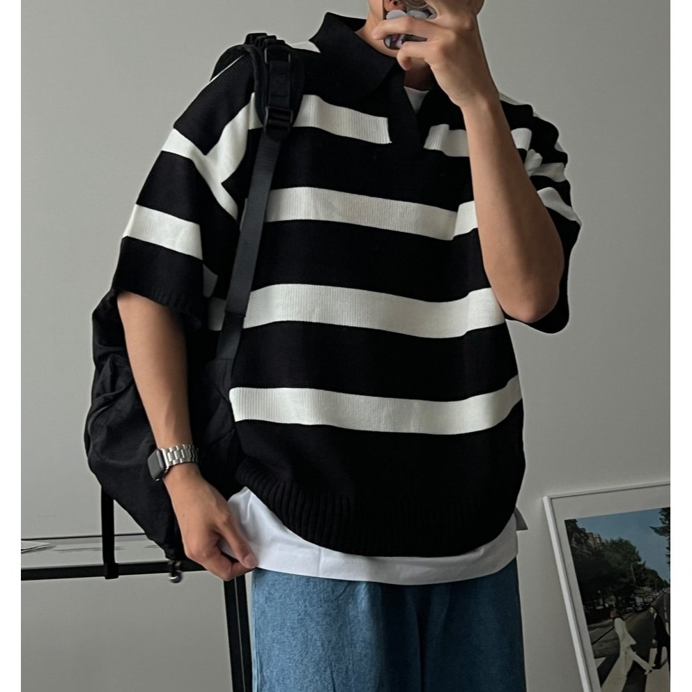 [是男裝喔~][預購 每周日中午 12:00收單] 2024 正韓 zavino 春夏男裝  垂肩五分袖條紋針織上衣-細節圖8