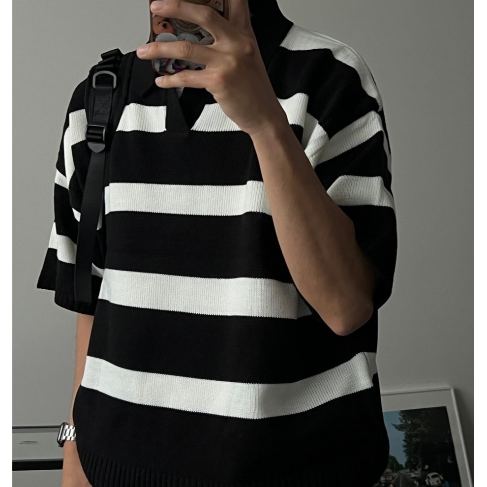 [是男裝喔~][預購 每周日中午 12:00收單] 2024 正韓 zavino 春夏男裝  垂肩五分袖條紋針織上衣-細節圖9