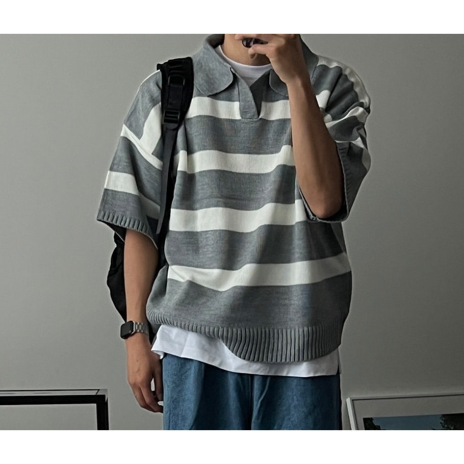 [是男裝喔~][預購 每周日中午 12:00收單] 2024 正韓 zavino 春夏男裝  垂肩五分袖條紋針織上衣-細節圖10