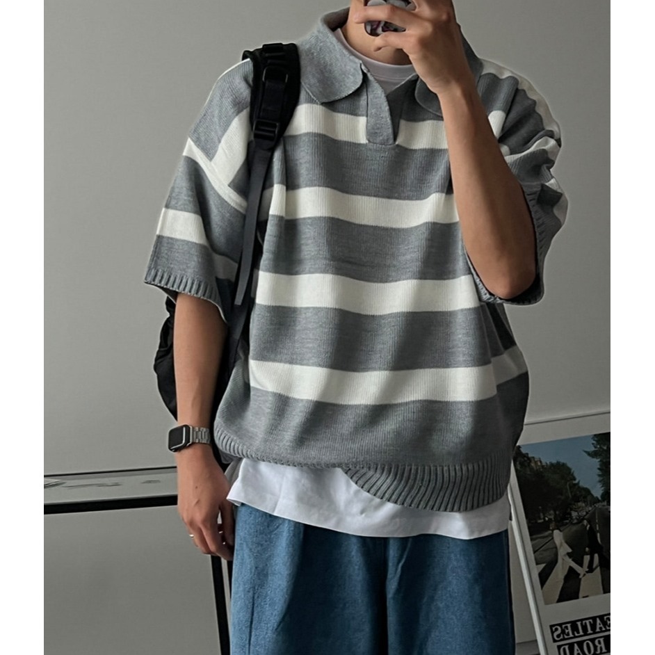 [是男裝喔~][預購 每周日中午 12:00收單] 2024 正韓 zavino 春夏男裝  垂肩五分袖條紋針織上衣-細節圖11