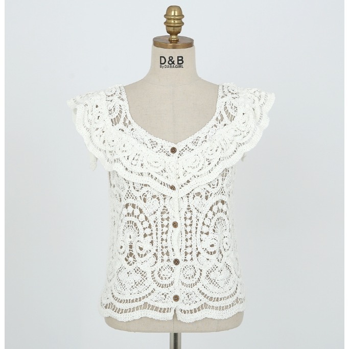 [預購 每周日中午 12:00收單] 2024 正韓 dabagirl 春夏女裝 荷葉領 針織勾織花紋無袖上衣-規格圖11