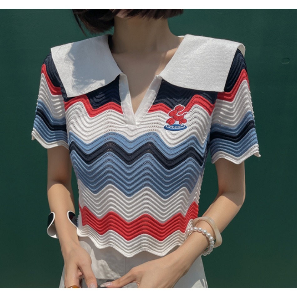 [預購 每周日中午 12:00收單] 2024 正韓 dabagirl 春夏女裝 彩色波浪紋 v字海軍領針織上衣-細節圖6