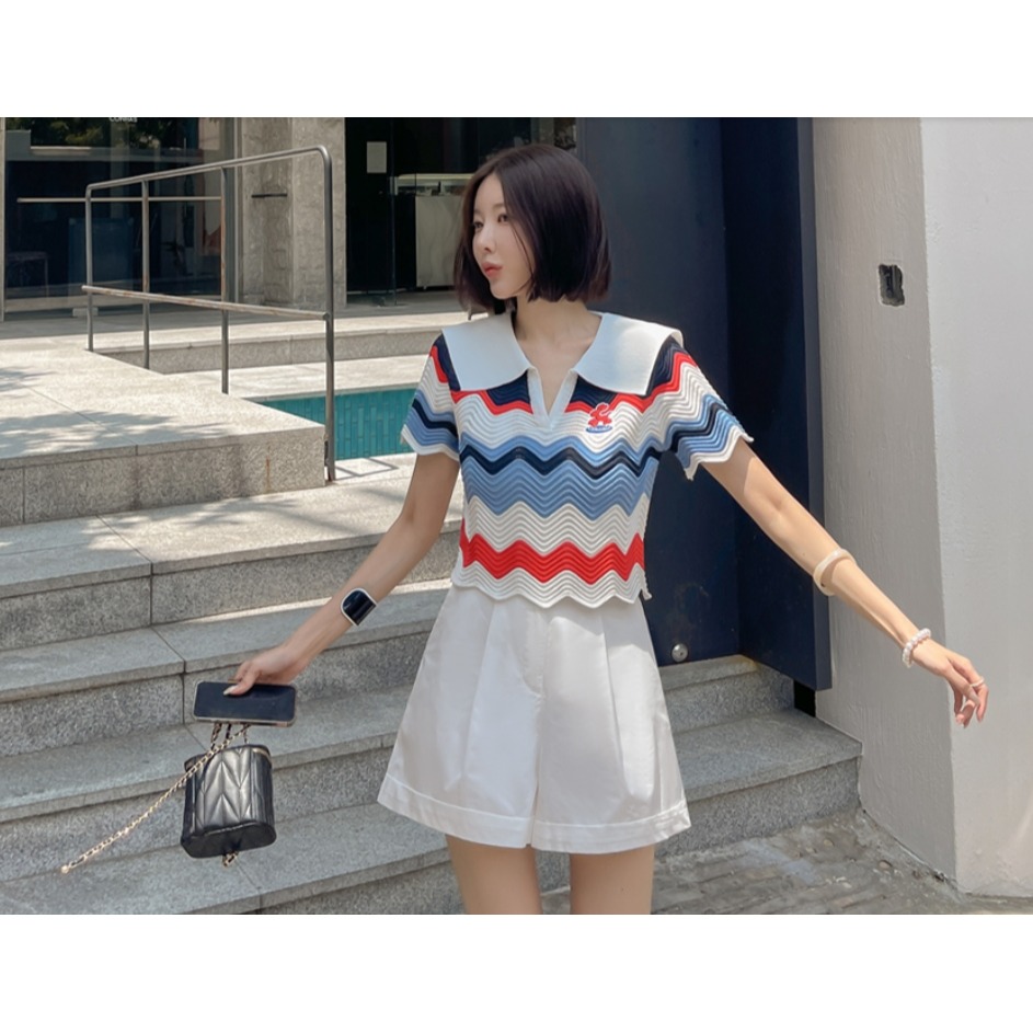 [預購 每周日中午 12:00收單] 2024 正韓 dabagirl 春夏女裝 彩色波浪紋 v字海軍領針織上衣-細節圖7