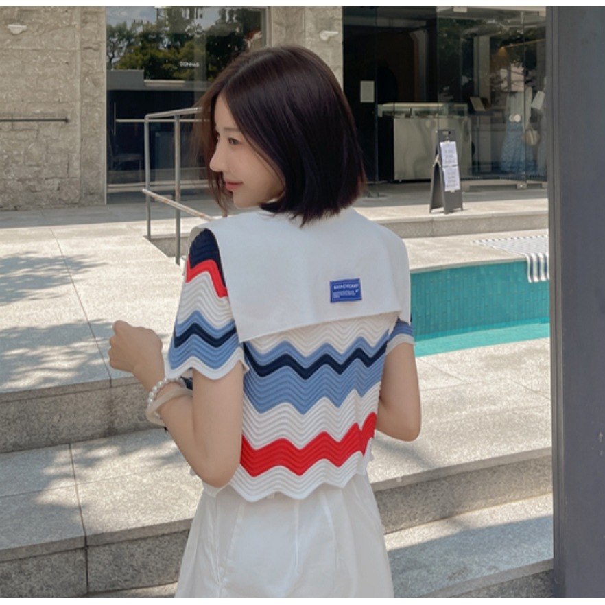 [預購 每周日中午 12:00收單] 2024 正韓 dabagirl 春夏女裝 彩色波浪紋 v字海軍領針織上衣-細節圖8