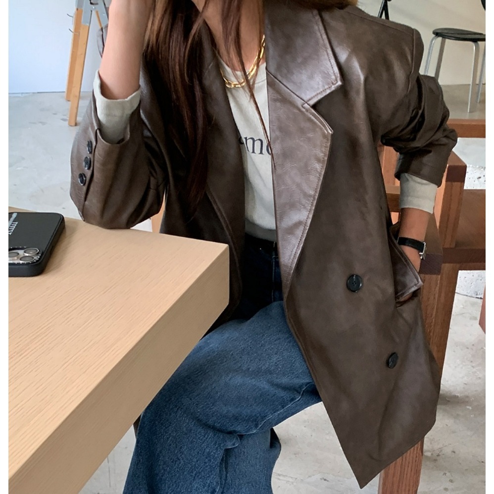 [預購 每周日中午 12:00收單] 2024 正韓 themood 秋冬女裝 西裝式皮外套-細節圖6