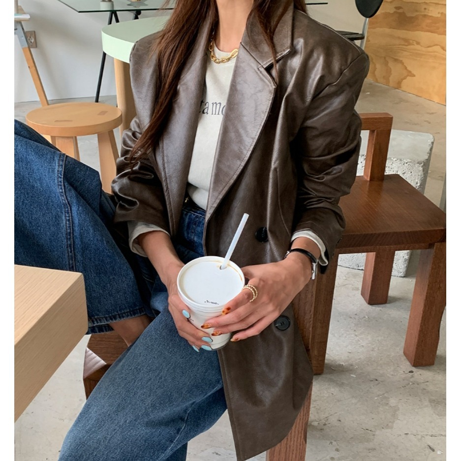 [預購 每周日中午 12:00收單] 2024 正韓 themood 秋冬女裝 西裝式皮外套-細節圖7