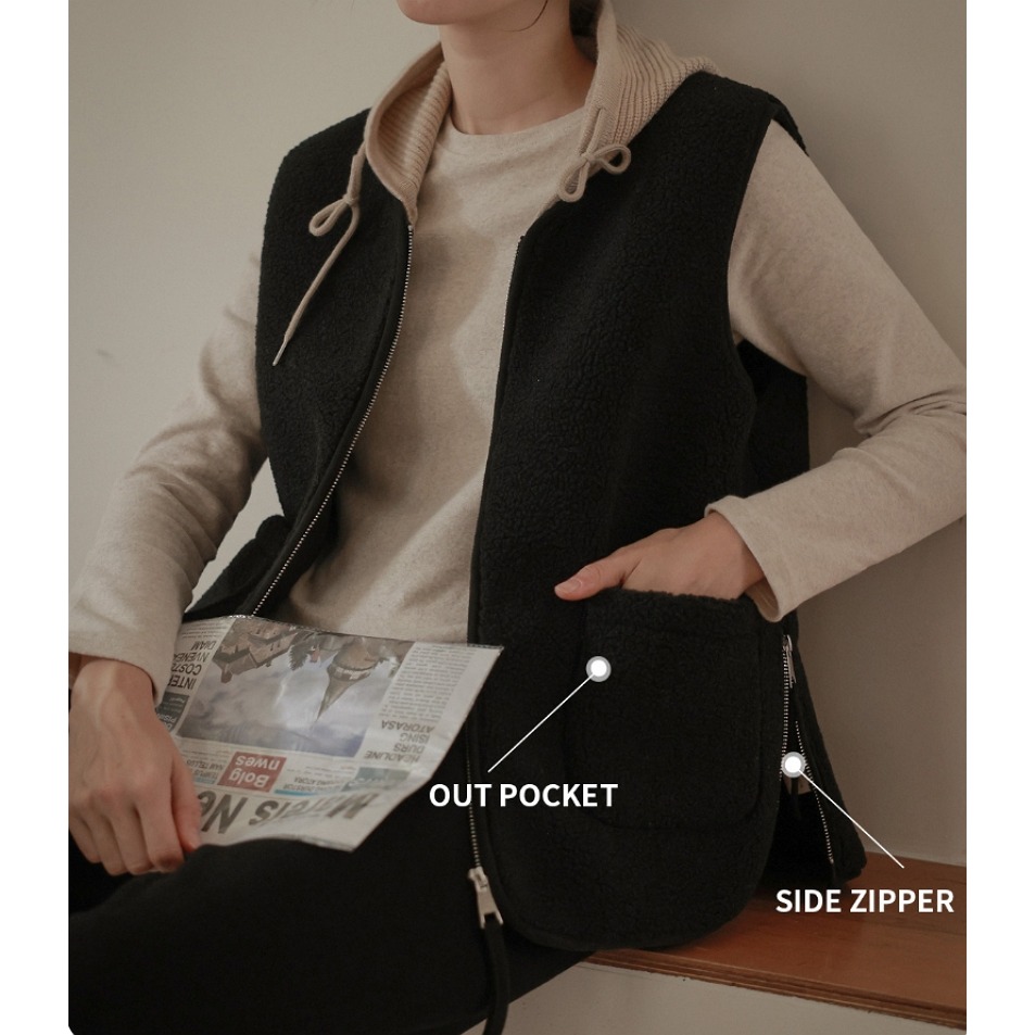 [預購 每周日中午 12:00收單] 2024 正韓 dodry 秋冬女裝  異材質拼接 可拆式連帽背心-細節圖5