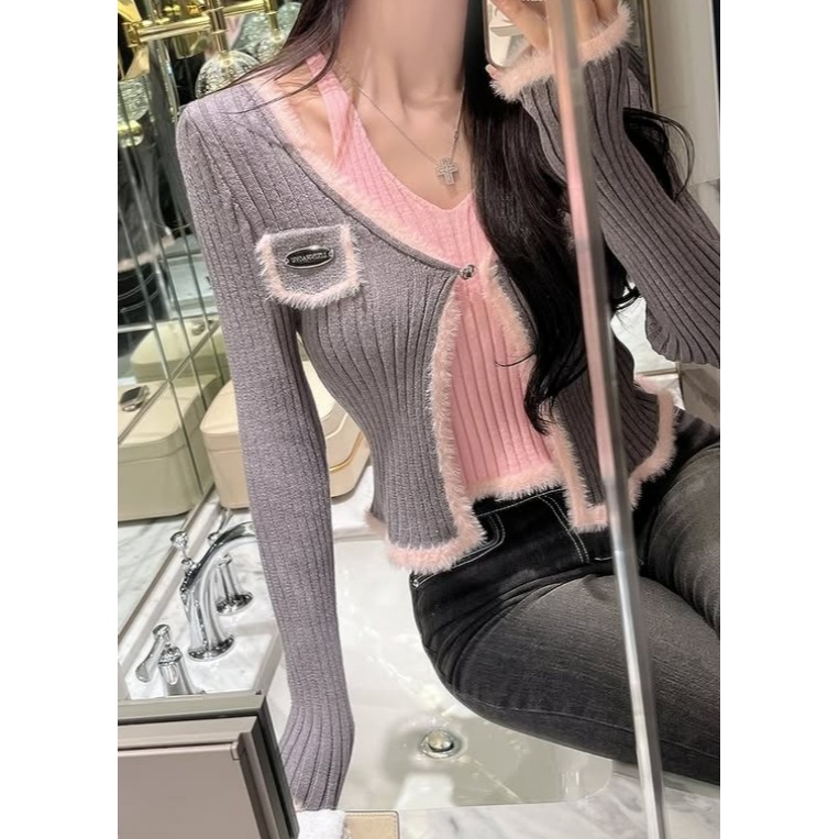 [預購 每周日中午 12:00收單] 2025 正韓 東大門 秋冬女裝 毛茸茸滾邊開襟衫+背心套裝組-細節圖2