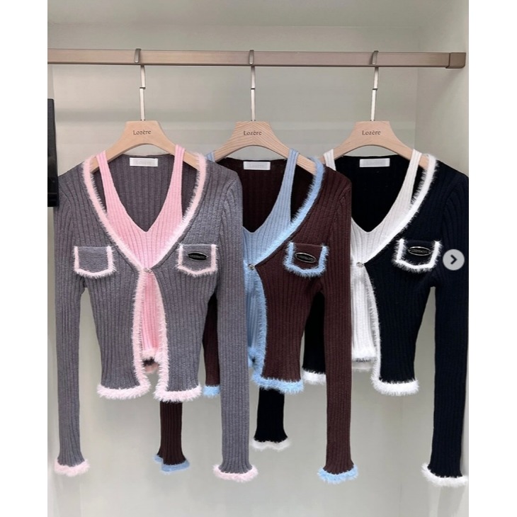 [預購 每周日中午 12:00收單] 2025 正韓 東大門 秋冬女裝 毛茸茸滾邊開襟衫+背心套裝組-細節圖4