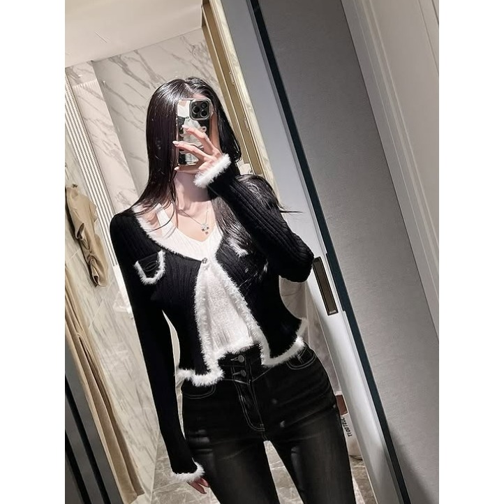 [預購 每周日中午 12:00收單] 2025 正韓 東大門 秋冬女裝 毛茸茸滾邊開襟衫+背心套裝組-細節圖6