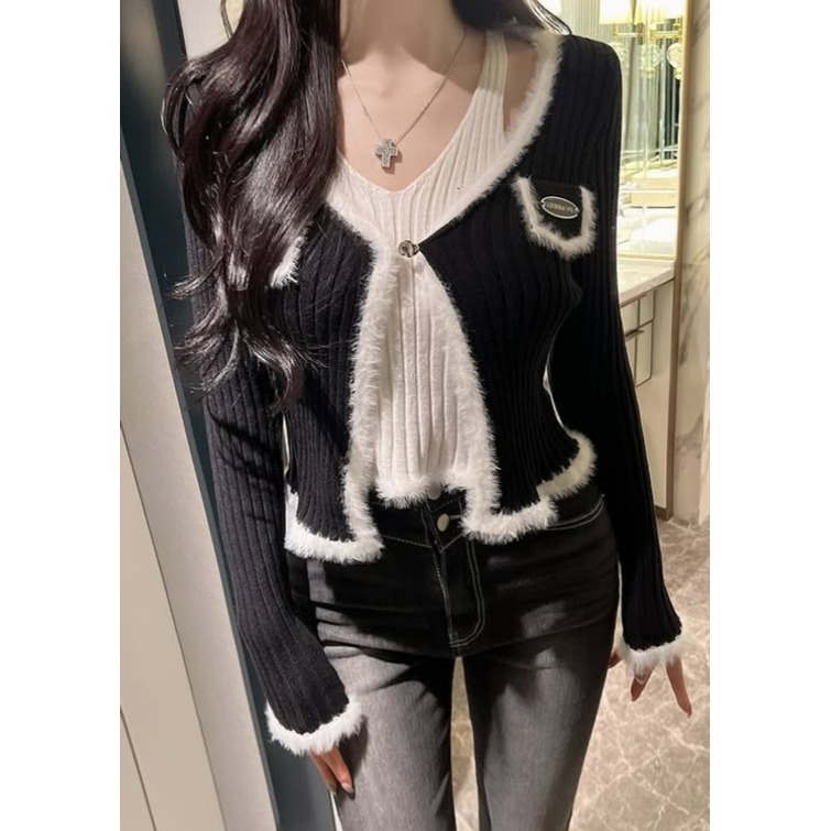 [預購 每周日中午 12:00收單] 2025 正韓 東大門 秋冬女裝 毛茸茸滾邊開襟衫+背心套裝組-規格圖8